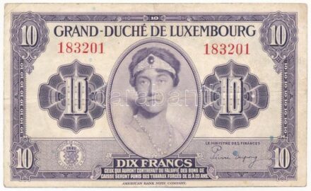 Luxemburg 1944. 10Fr T:III Luxembourg 1944. 10 Francs C:F Krause P#44