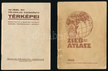 1940-1941 Zsebatlasz. Bp., 1940, M. Kir. Honvéd Térképészeti Intézet, 32 p.. Kiadói tűzött papírkötés, sérült borítóval. + Az 1941. évi földrajzi zsebkönyv térképei. Bp., 1941, Magyar Földrajzi Társaság, 32 p. Kiadói