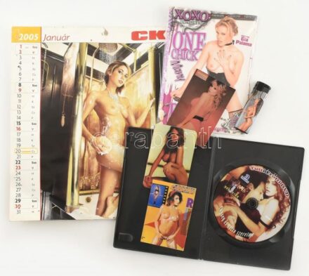 7 darabos porno, erotikus tárgy és nyomtatvány tétel: DVD lemezek, öngyújtó, naptár, aprónyomtatványok