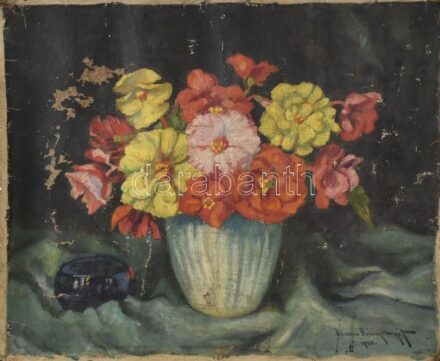 Debreceni (Debrececzeni) Bárány Margit (?-?), 1917-18-ban Nagybányán tanult: Csendélet. Olaj, vászon. Sérült, feltekerve. 52x42 cm.
