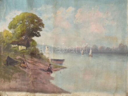 Olvashatatlan jelzéssel: Vitorlások és pecázó. Olaj, vászon. Sérült, feltekerve. 62,5x82 cm.
