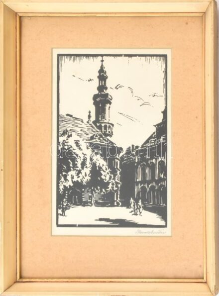 Mende Gusztáv (1899-1963): Soproni részlet. Fametszet, papír, jelzett. Üvegezett, kissé sérült fakeretben, 24×16 cm