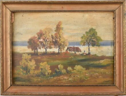 Jelzés nélkül: Vízpart. Olaj, karton, sérült. Dekoratív, kissé sérült fakeretben, 28×37,5 cm