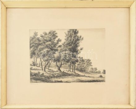 Paulovits Pál (1892-1975): Erdőszéle. Rézkarc, papír, jelzett. Üvegezett, kissé sérült fakeretben. 21×29 cm