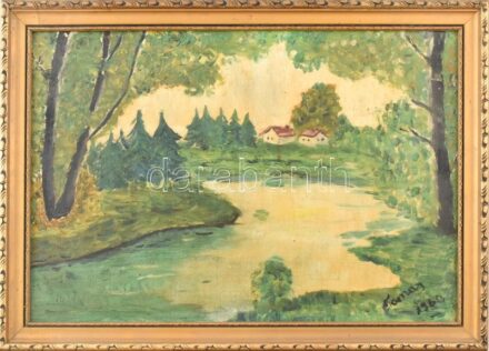 Tamás Anna (?-): Vízparti táj. Olaj, vászon, jelzett. Dekoratív, kissé sérült fakeretben. 31,5×45 cm