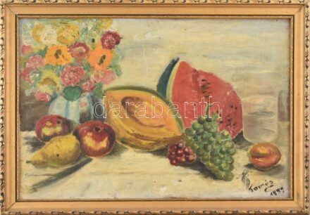 Tamás Anna (?-): Csendélet. Olaj, vászon, jelzett. Dekoratív, kissé sérült fakeretben. 31,5×45 cm