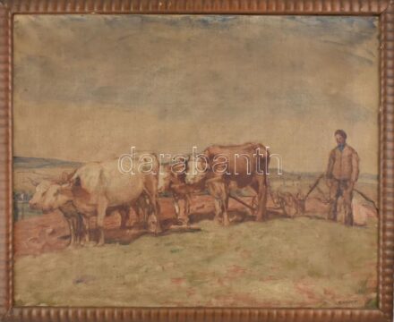 Kúnffy jelzéssel: Ökrök. Olaj, vászon. Dekoratív, kissé sérült fakeretben. 65×81,5 cm