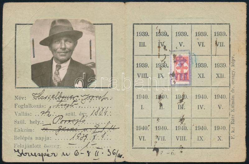 1939 Nyilaskeresztes Párt ideiglenes fényképes tagsági igazolvány, tagdíjbélyeggel