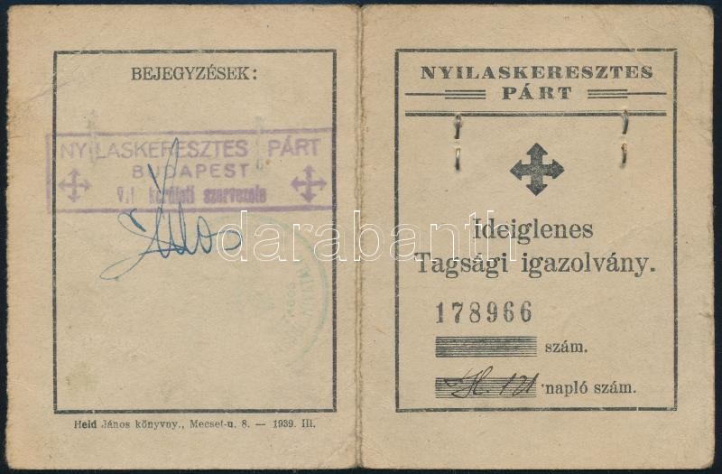 1939 Nyilaskeresztes Párt ideiglenes fényképes tagsági igazolvány, tagdíjbélyeggel - Image 2