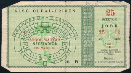 1954 belépő az angol magyar 7:1-es labdarúgó mérkőzésre amelyik a legendás 6:3 visszavágója volt, kissé gyűrött