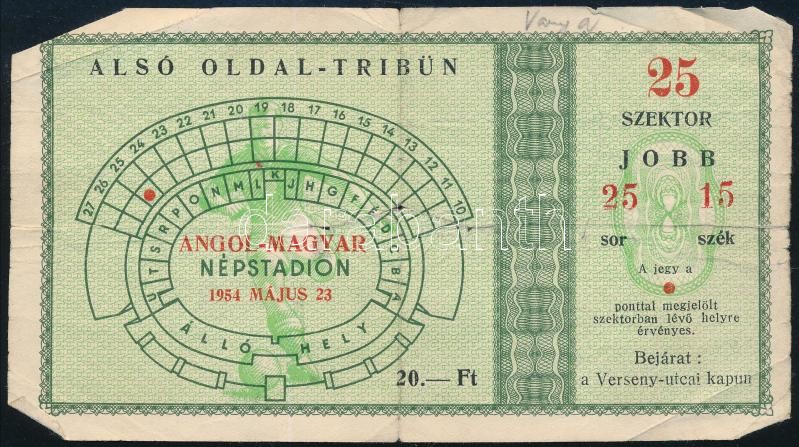 1954 belépő az angol magyar 7:1-es labdarúgó mérkőzésre amelyik a legendás 6:3 visszavágója volt, kissé gyűrött