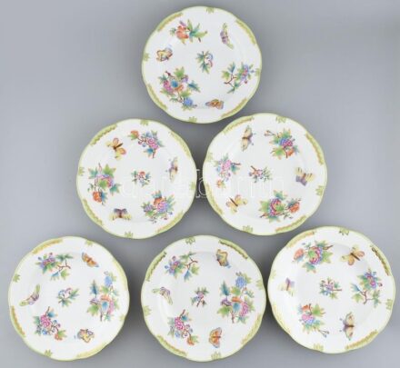 Herendi Viktória mintás 6db mélytányér, kézzel festett porcelán, jelzett, kopott.