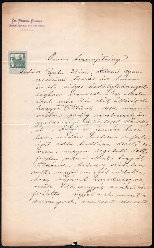 1917 Juhász Gyula (1883-1937) író, költő szegedi magán ideggyógyintézeti anamnézise, melyben korábbi öngyilkossági kísérleteinek részletes leírása is megtalálható 2 beírt oldal, mely ideggyógyintézete utalásával zárul.