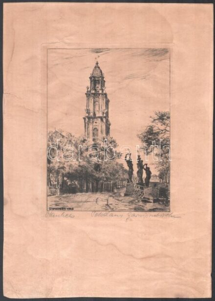 Dirk van Hees (1895-1945): Potsdam Garnisonskirche. Rézkarc, papír, jelzett, foltos, lapszéli szakadással, 19x15 cm