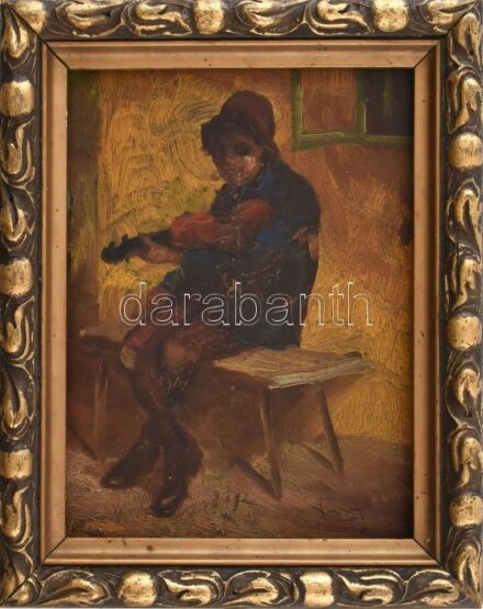 Varga István (1917-?): Hegedűs. Olaj, karton, jelzett, sérült. Dekoratív, kissé sérült fa képkeretben. 24x18 cm