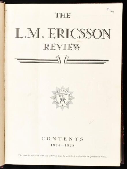 1928-1929 The L. M. Ericsson Review c. svéd távközlés-technikai folyóirat két évfolyamának számai egybekötve, német nyelvű kiadás, fekete-fehér képekkel illusztrálva, aranyozott gerincű félvászon-kötésben / The L. M. Ericsson