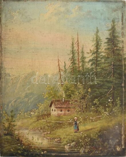 Olvashatatlan jelzéssel, feltehetően XX. sz. eleje: Patak partján. Olaj, fa. Apró felületi sérülésekkel, kissé foltos. 26x21 cm