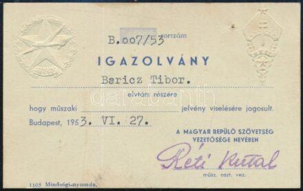 1953 MHSZ repülős jelvény viselésére jogosító igazolvány