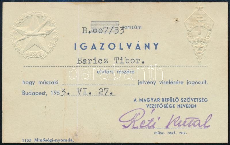 1953 MHSZ repülős jelvény viselésére jogosító igazolvány