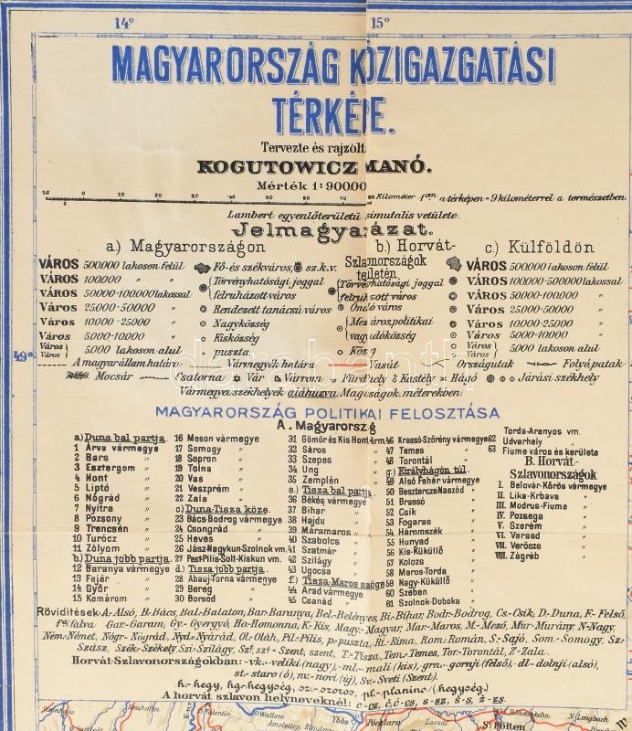 Magyarország közigazgatási térképe 1918-ban (1939. évi határokkal). Tervezte és rajzolta: Kogutowicz Manó. 1 : 900.000. Bp., Magyar Földrajz Intézet Rt., hajtva, kisebb szakadásokkal, hiányos borítóval, 115x84 cm - Image 2