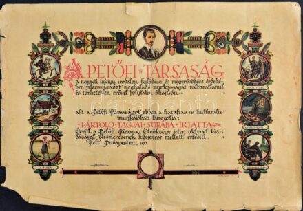 cca 1936 Petőfi Társaság pártoló tagságáról szóló díszes oklevele, kitöltetlen, sérült, 49,5x34,5 cm