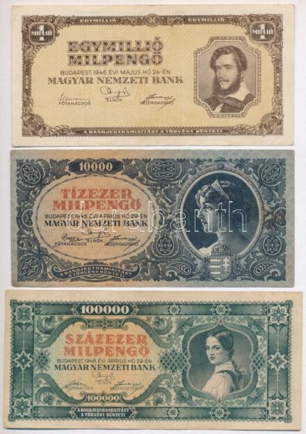 1946. 1.000.000.000P + 10.000MP + 100.000MP + 1.000.000MP + 10.000.000MP T:III kis foltok