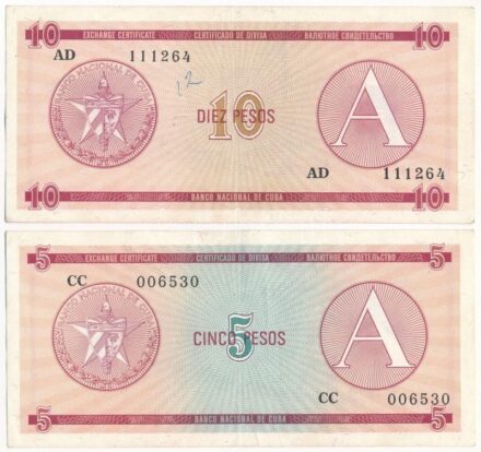 Kuba 1985. 5P + 10P 'A' deviza tanúsítvány T:III Cuba 1985. 5 Pesos + 10 Pesos 'A' foreign exchange certificate C:F Krause P#FX3, P#FX4