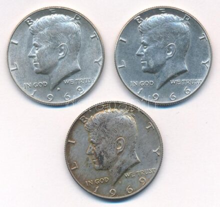 Amerikai Egyesült Államok 1966. 1/2$ Ag 'Kennedy' + 1968D 1/2$ Ag 'Kennedy' + 1969D 1/2$ Ag 'Kennedy' T:1-,2 patina USA 1966. 1/2 Dollar Ag 'Kennedy' + 1968D 1/2 Dollar Ag 'Kennedy' + 1969D 1/2 Dollar Ag 'Kennedy' C:AU,XF patina Krause KM#202a
