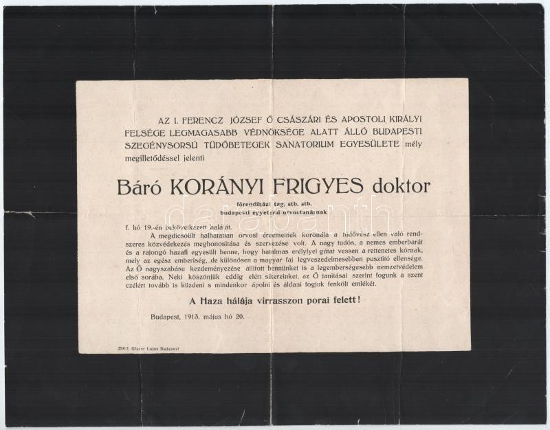 1913 Bp., báró Korányi Frigyes (1827-1913) orvos, az MTA levelező tagja, a márciusi ifjak egyikének halotti értesítője, hajtott, kis szakadásokkal