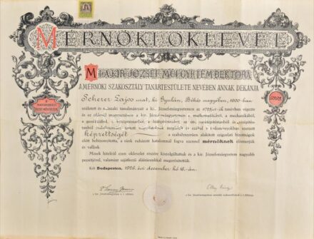 1926 Bp., a M. Kir. József Műegyetem által kiállított mérnöki oklevél + az eredetivel megegyező, hiteles másolat, pecsétekkel, okmánybélyegekkel, hajtva