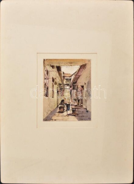 Csánky Dénes (1885-1972): Tabán, Horgony utcai udvar. Akvarell, papír, jelzett. Paszpartuban. 15×11,5 cm