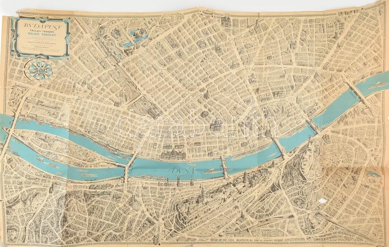 1968 Budapest távlati térképe, belső terület, a műemlékek, emlékművek és kulturális intézmények feltüntetésével, Bp., Képzőművészeti Alap-Kartográfia, kis szakadásokkal, 82×117 cm