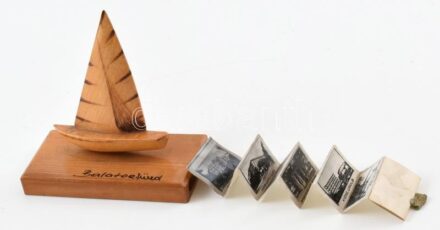 Balatonfüredi emlék, fa vitorlás, benne mini fényképes leporelló, m: 8 cm