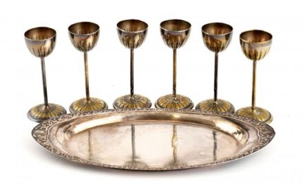 Argentor alpakka tálca + 6 db likőrös pohárka. Tálca 28x12 cm