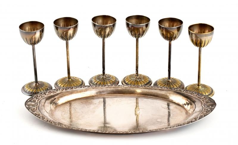 Argentor alpakka tálca + 6 db likőrös pohárka. Tálca 28x12 cm