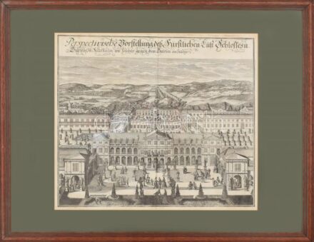cca 1750 A braunschweigi választófejedelem Salzthalen kastélyának és kertjének látképe (Perspectivische Vorstellung des Kurfürstlichen Lust-Schlosses u. Gartens zu Salzthalen wie solches gegen den Garten zu gelegen). Rézmetszet, papír,