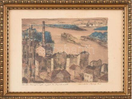 Bereg Sándor (1876-1943): Óbuda, Margitsziget, Újpest, Budapesti részlet, 1936. Mezzotinto, akvarell, papír, jelzett. 18x23 cm. Üvegezett fakeretben.