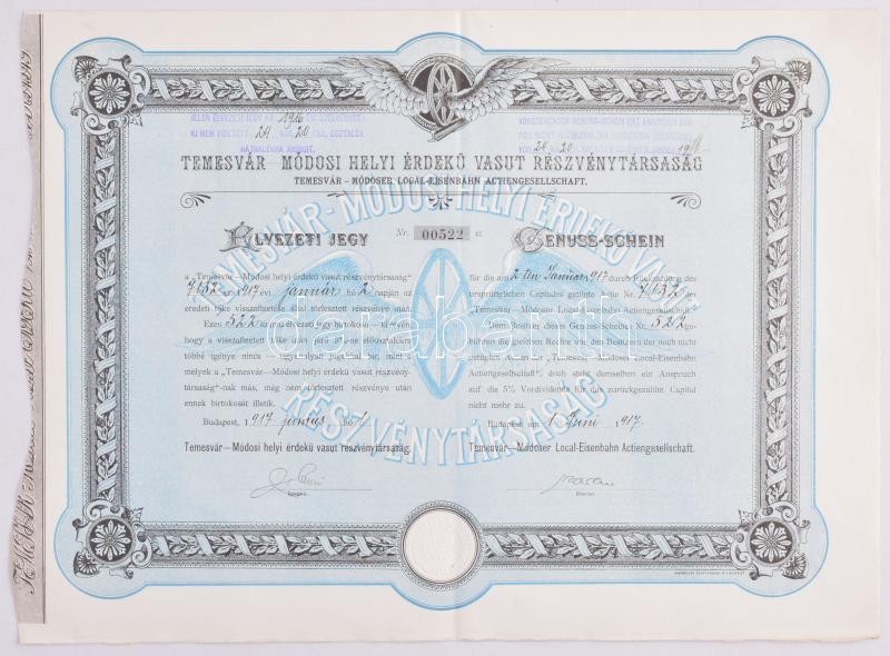 Budapest 1915. 'Temesvár - Módosi Helyi Érdekü Vasut Részvénytársaság' élvezeti jegye magyar és német nyelven, szárazpecséttel és bélyegzésekkel T:II- / Hungary / Budapest 1915. 'Local Interest Railway Share Company of Temesvár -