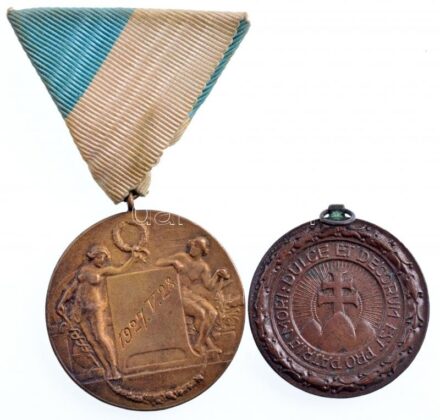 1927. kétoldalas Br díjérem mellszalagon, mindkét oldalán gravírozva (39mm) + ~1930. 'Dulce et Decorum est Pro Patria Mori / Középfokú Iskolák Sportköreinek Országos Szövetsége Versenydíja' kétoldalas Br díjérem füllel (36mm) T:2