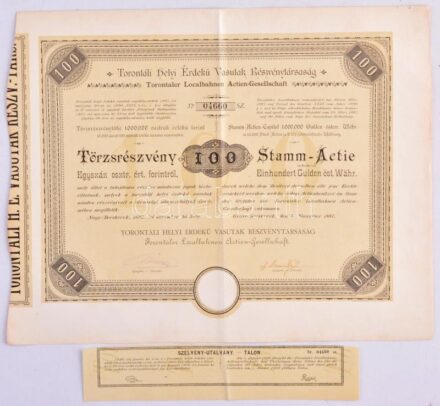 Nagybecskerek 1887. 'Torontáli Helyi Érdekű Vasutak Részvénytársaság' törzsrészvénye 100K-ról szárazpecséttel T:II- / Hungary / Nagybecskerek 1887. 'Local Interest Railway Share Company of Torontal' share about 100 Forint with embossed