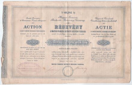 Budapest 1884. 'Magyar-Franczia Biztosító Részvény-Társaság' részvénye 200Ft-ról szárazpecséttel, bélyegzéssel, szelvényekkel T:III / Hungary / Budapest 1884. 'Hungarian-French Insurance Company' share about 200 Forint with embossed