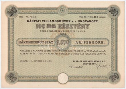 Ungvár 1940. 'Kárpáti Villamosművek R.T. Ungvárott' 100db részvénye egyben, összesen 3500P-ről, szárazpecséttel, szelvényekkel T:I- / Hungary / Ungvár 1940. 'Carpathian Electric Company in Ungvár' 100 shares in one, all about 3500