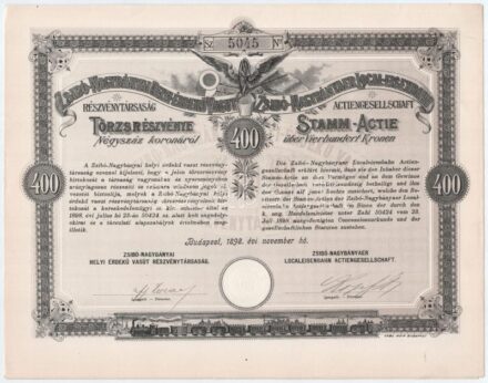Budapest 1898. 'Zsibó-Nagybányai Helyi-Érdekű Vasut Részvénytársaság' törzsrészvénye 400K-ról szárazpecséttel, szelvényekkel T:I- / Hungary / Budapest 1898. 'Local Interest Railway Share Company of Zsibó-Nagybánya' share about 400
