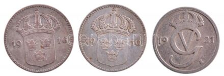 Svédország 1916. 10ö Ag + 1921. 10ö Cu-Ni + 1930. 10ö Ag T:2-3 Sweden 1916. 10 Öre Ag + 1921. 10 Öre Cu-Ni + 1930. 10 Öre Ag C:XF-F Krause KM#780, KM#795