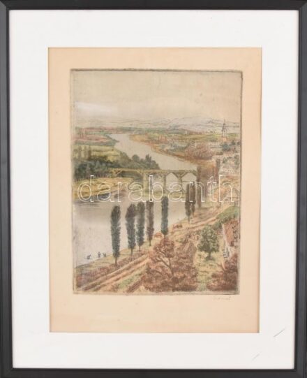 Mácsai István (1922-2005): Sárospatak. Színezett rézkarc, papír, jelzett. 30,5x23 cm. Üvegezett keretben.