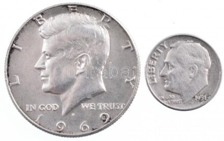 Amerikai Egyesült Államok 1951D 1d Ag 'Roosevelt' + 1969D 1/2$ Ag 'Kennedy' T:2-,1- patina USA 1951D 1 Dime Ag 'Roosevelt' + 1969D 1/2 Dollar Ag 'Kennedy' C:VF,AU patina Krause KM#195, KM#202a