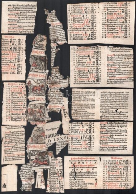 1572 Régi képes naptár, kalendárium töredékek. Fametszetes képekkel.