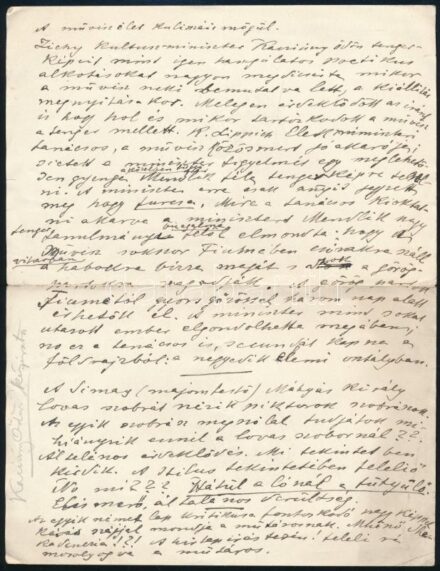 Kacziány Ödön (1852-1933) festőművész 'A művészélet kulisszái mögül' kezdetű kézirata, rajta saját kezű soraival, de saját kezű aláírása nélkül, 1 beírt oldal.