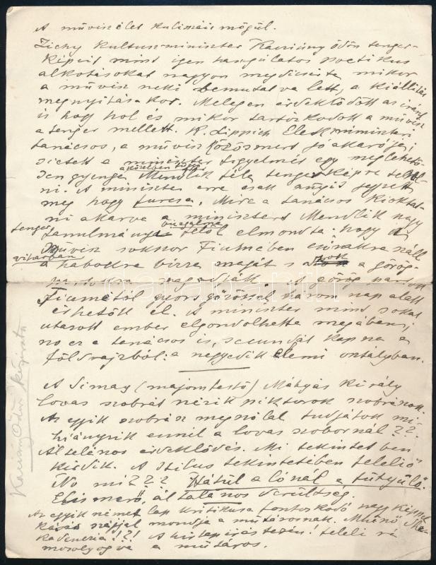 Kacziány Ödön (1852-1933) festőművész 'A művészélet kulisszái mögül' kezdetű kézirata, rajta saját kezű soraival, de saját kezű aláírása nélkül, 1 beírt oldal.