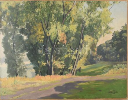 Sárdy Brutus (1892-1970): Dunaparti táj, 1929. Olaj, vászon, kartonon. Jelzett. Hátoldalán kiállítási raglapokkal. 42x53,5 cm.